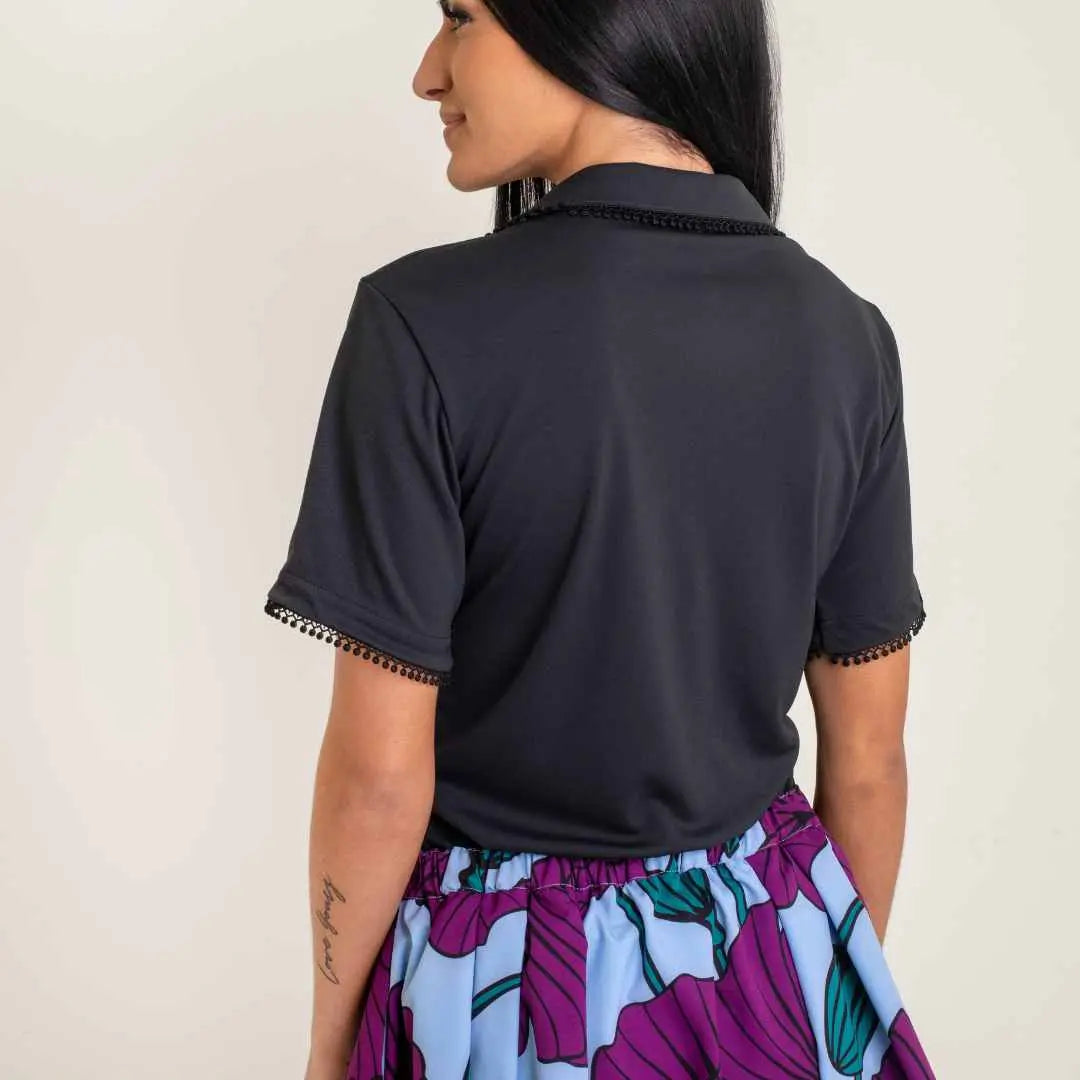 Black Lace Trim Short Sleeve Polo Shirt UPF Ellie Day