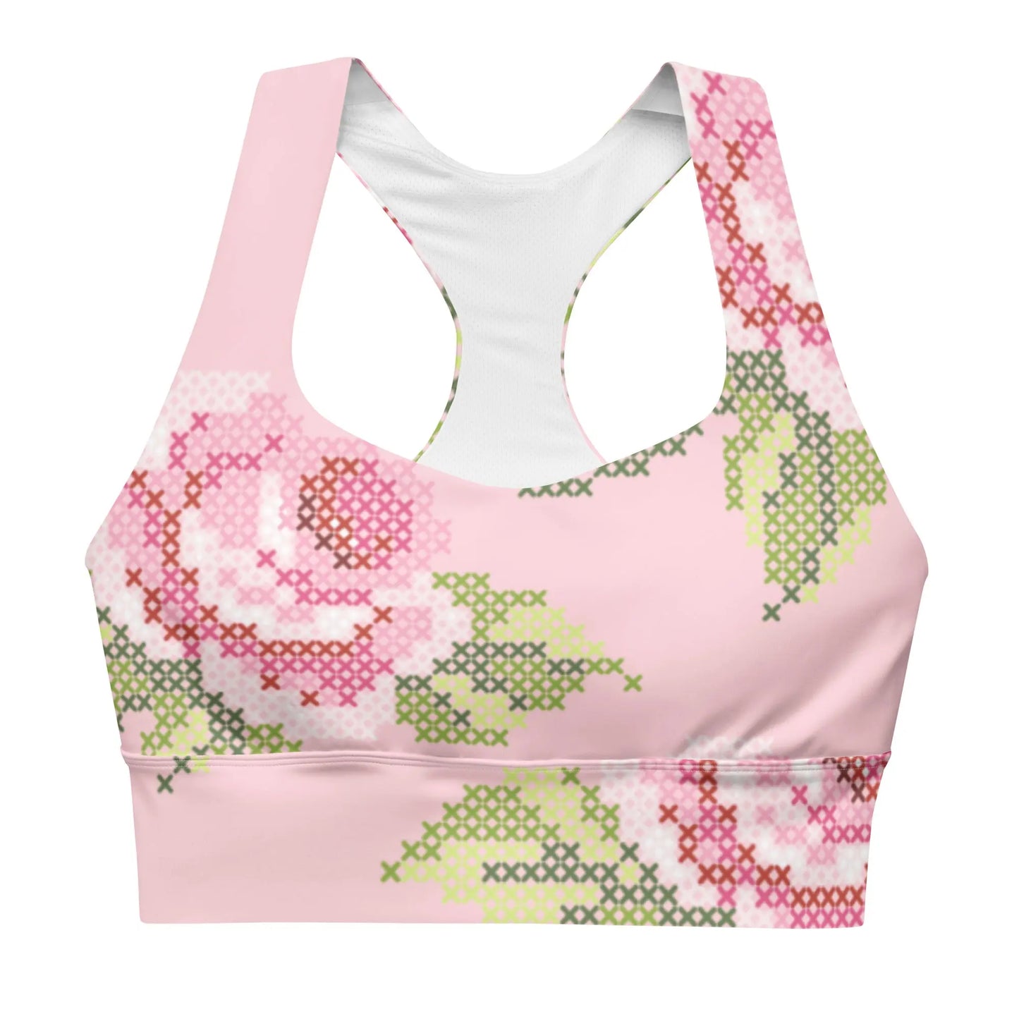 Cross-Stitch Charm Compression Longline Sports Bra in Abstract Rose Ellie Day Activewear