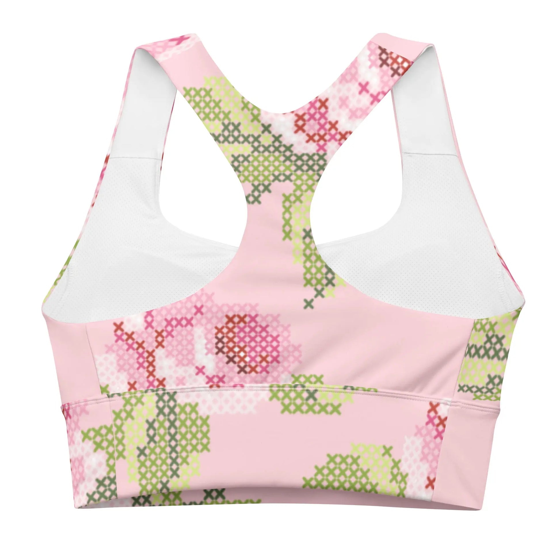 Cross-Stitch Charm Compression Longline Sports Bra in Abstract Rose Ellie Day Activewear