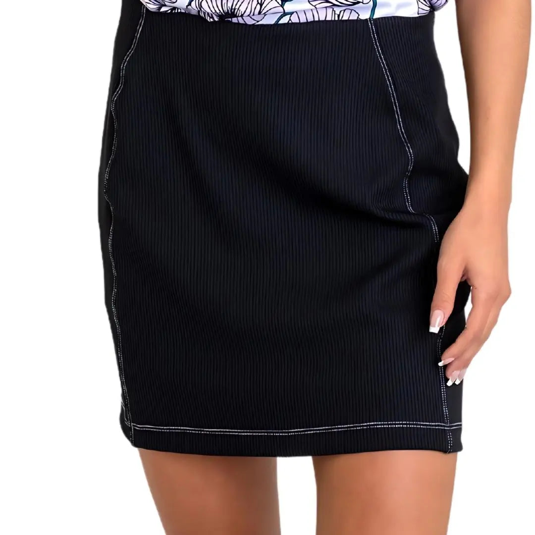 Ellie Day Ribbed Knit Fitted Skirt with Pockets - Black with White Contrast Ellie Day Activewear