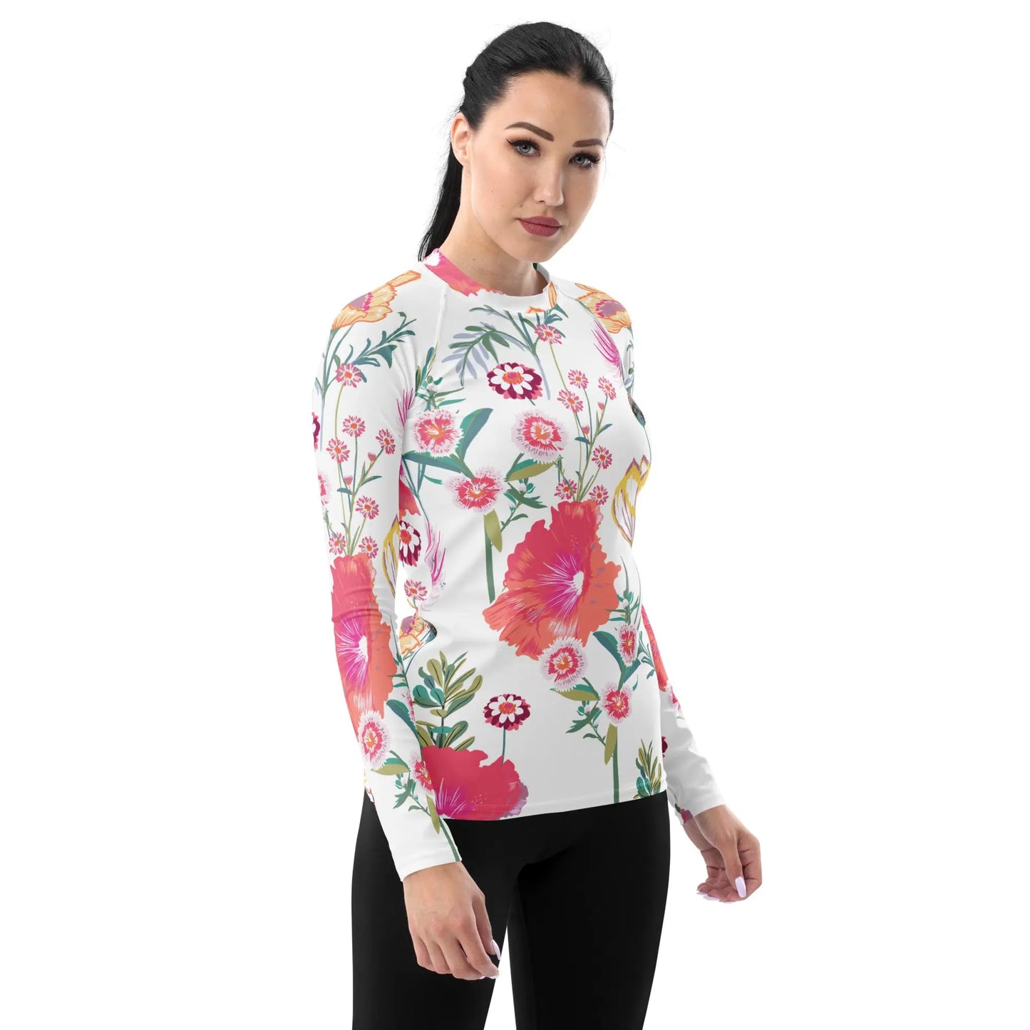 White Desert Flower Women's Long Sleeve Rash Guard UPF Ellie Day Activewear