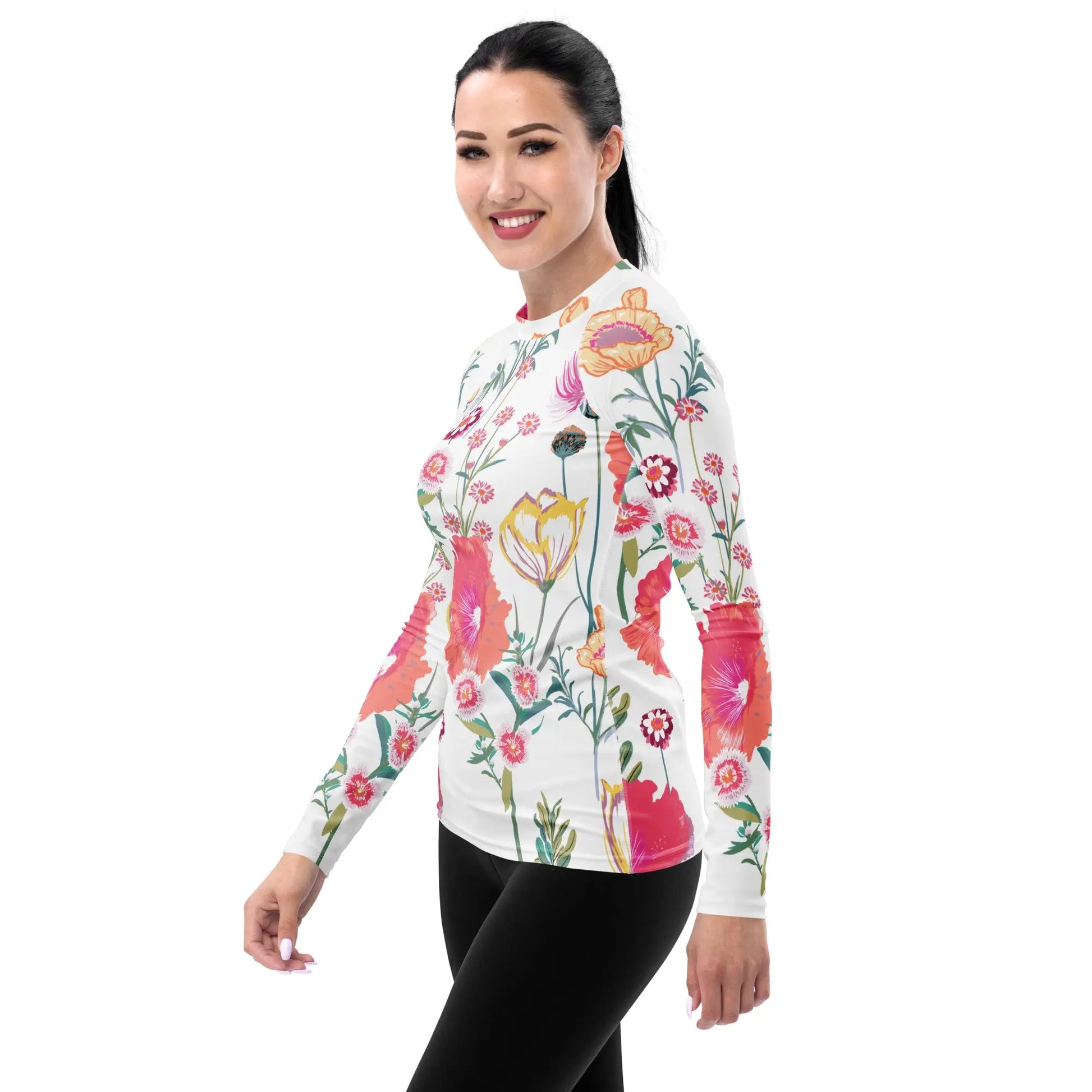 White Desert Flower Women's Long Sleeve Rash Guard UPF Ellie Day Activewear