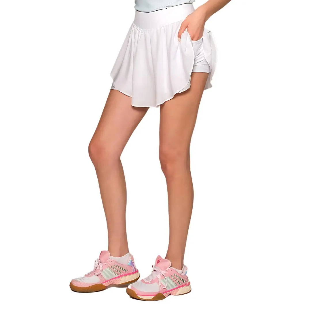 White Flutter Layered Tennis Skirt with Shorties and Compression Waistband Ellie Day Activewear