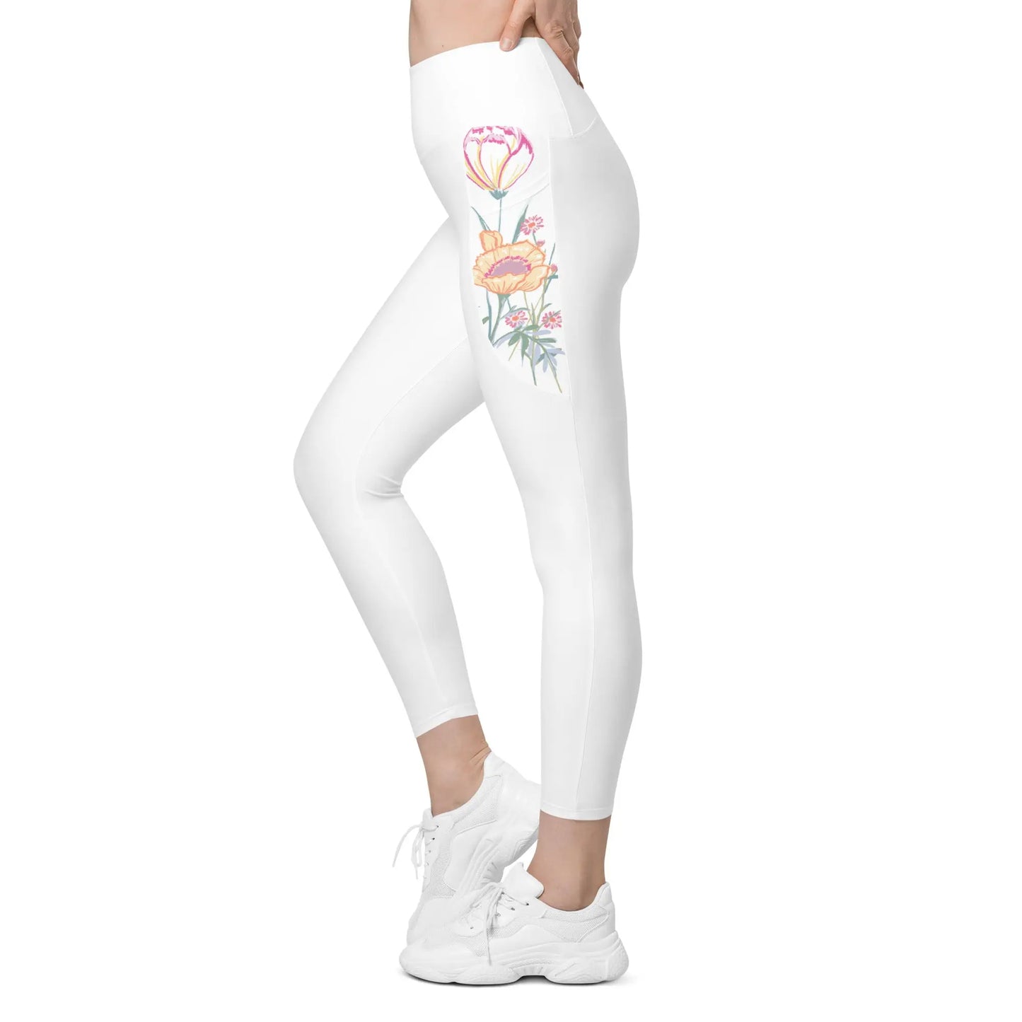 White Leggings with pockets and Floral Details Ellie Day Activewear