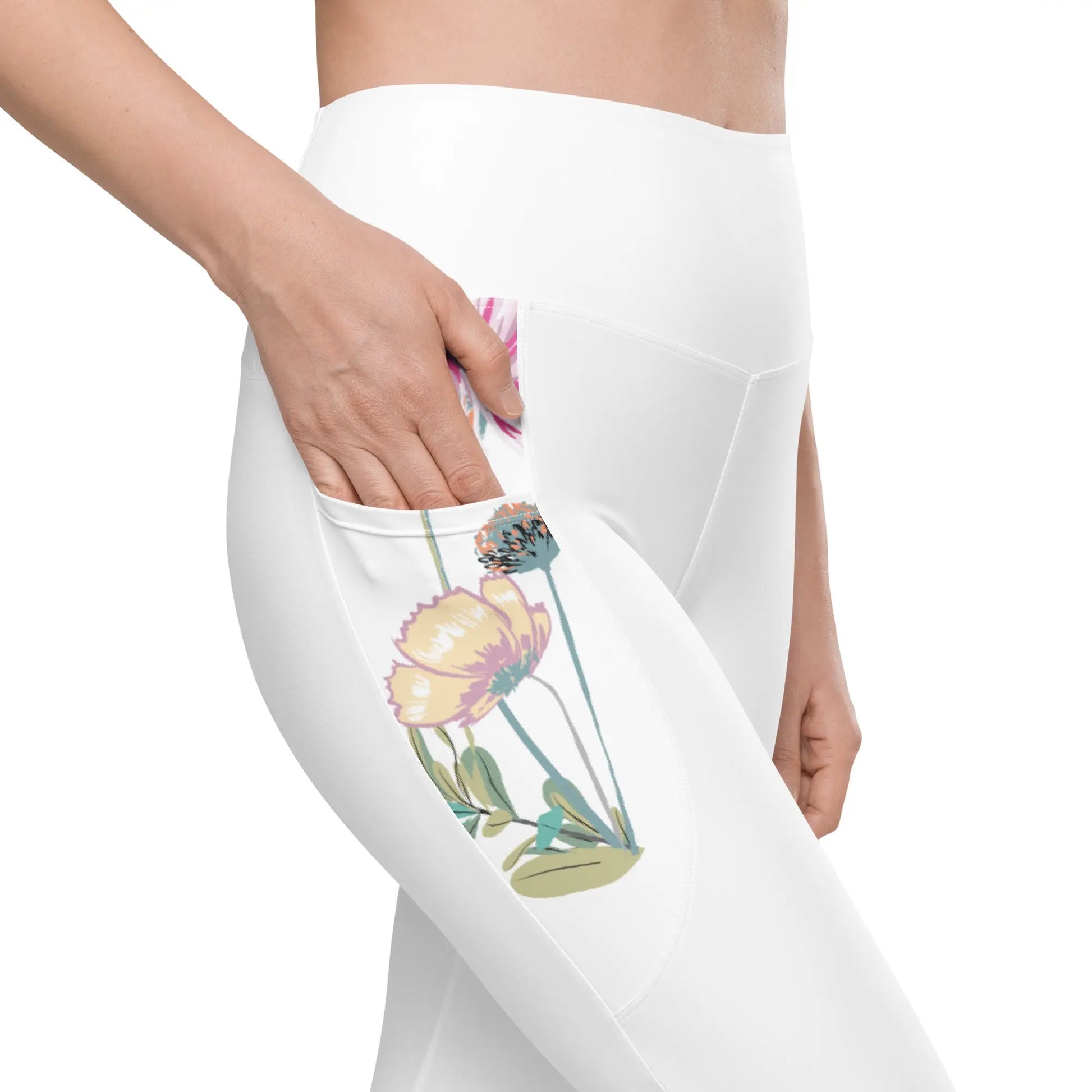 White Leggings with pockets and Floral Details Ellie Day Activewear