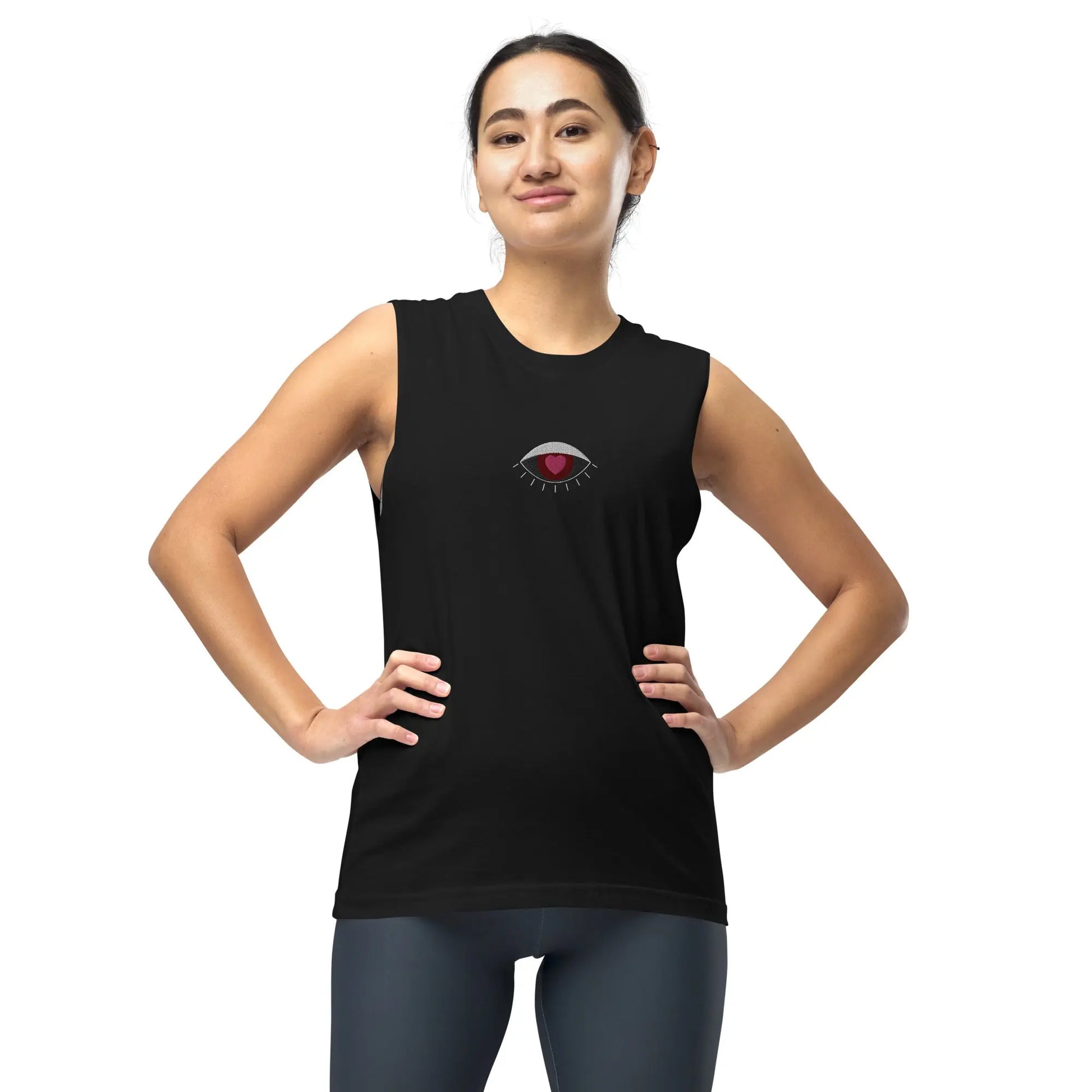 Women's Evil Eye Embroidered Soft Flow Cotton Muscle Tank Top with Low-Cut Armholes Ellie Day Activewear