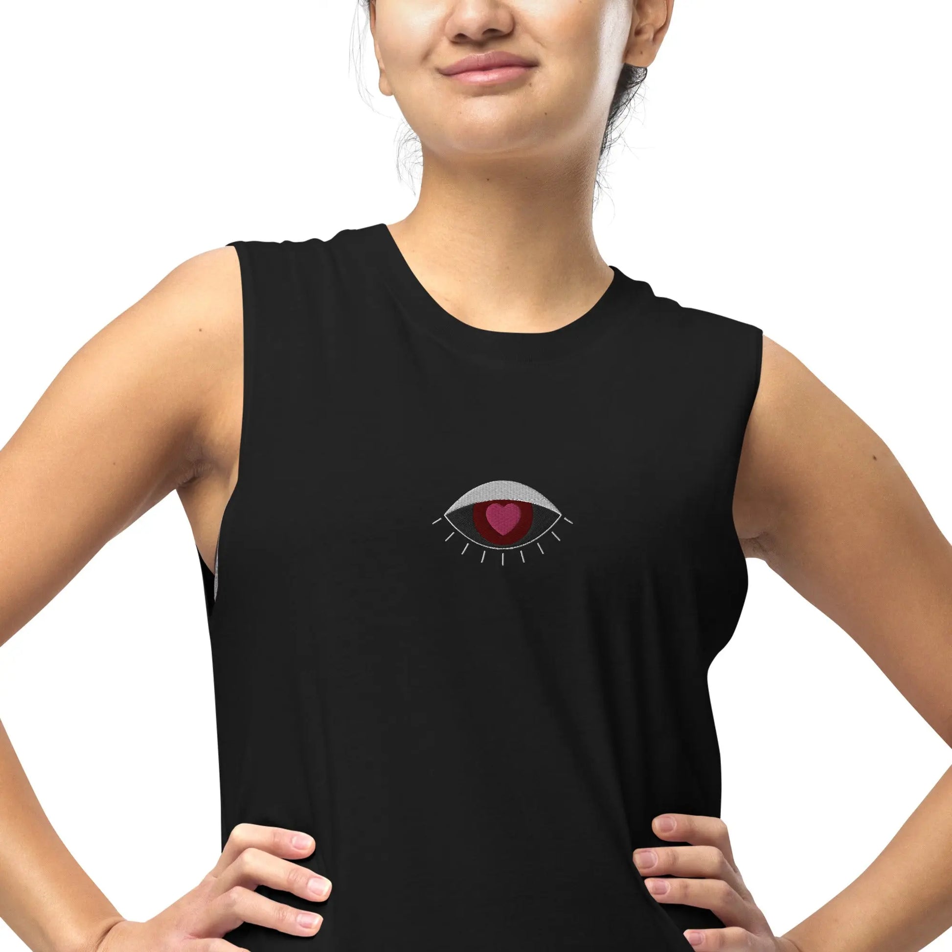 Women's Evil Eye Embroidered Soft Flow Cotton Muscle Tank Top with Low-Cut Armholes Ellie Day Activewear