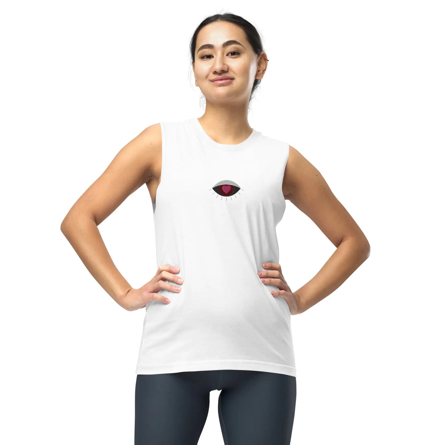 Women's Evil Eye Embroidered Soft Flow Cotton Muscle Tank Top with Low-Cut Armholes Ellie Day Activewear