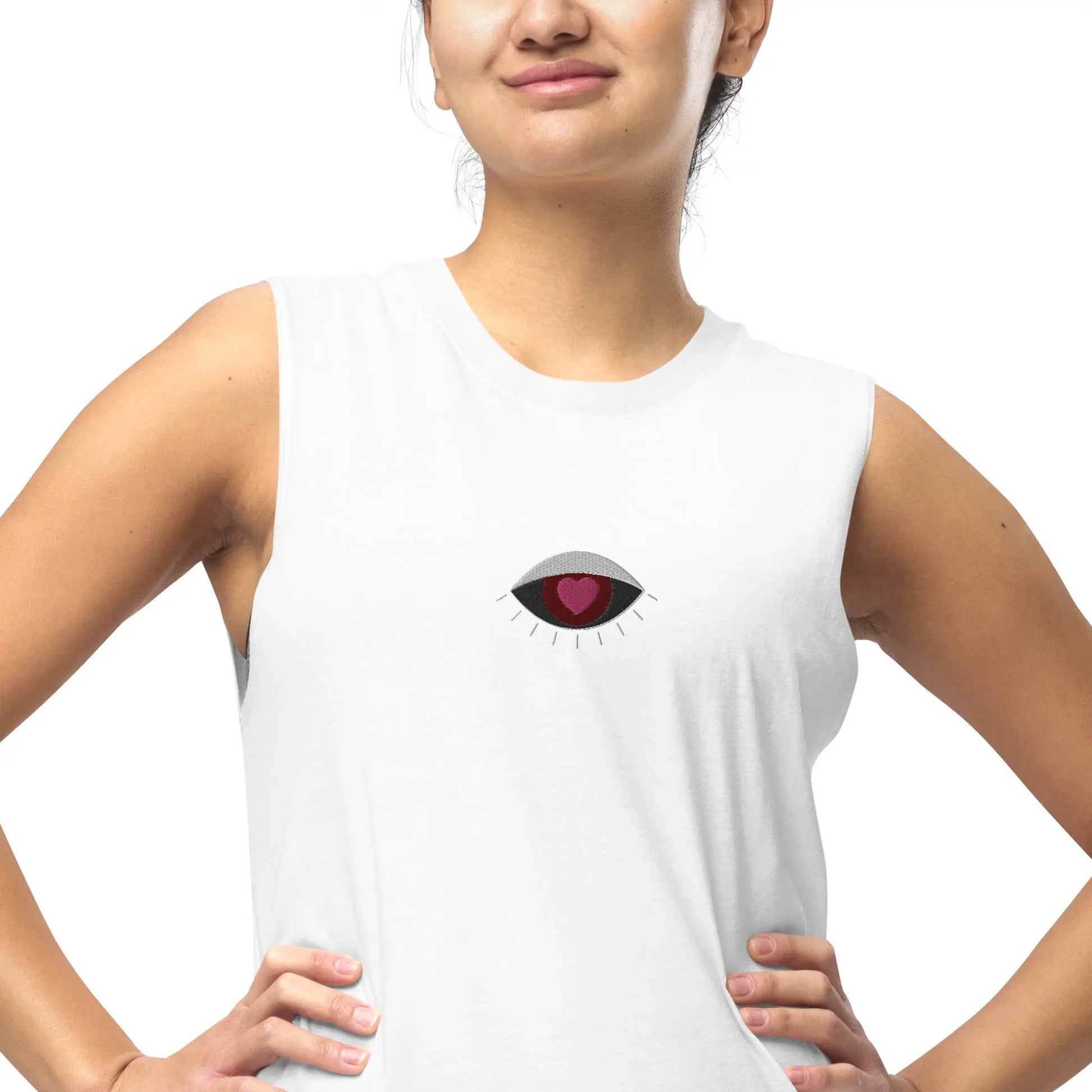 Women's Evil Eye Embroidered Soft Flow Cotton Muscle Tank Top with Low-Cut Armholes Ellie Day Activewear