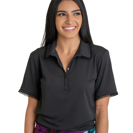 Women's Short Sleeve Golf Polo Shirt in Black with UPF Ellie Day