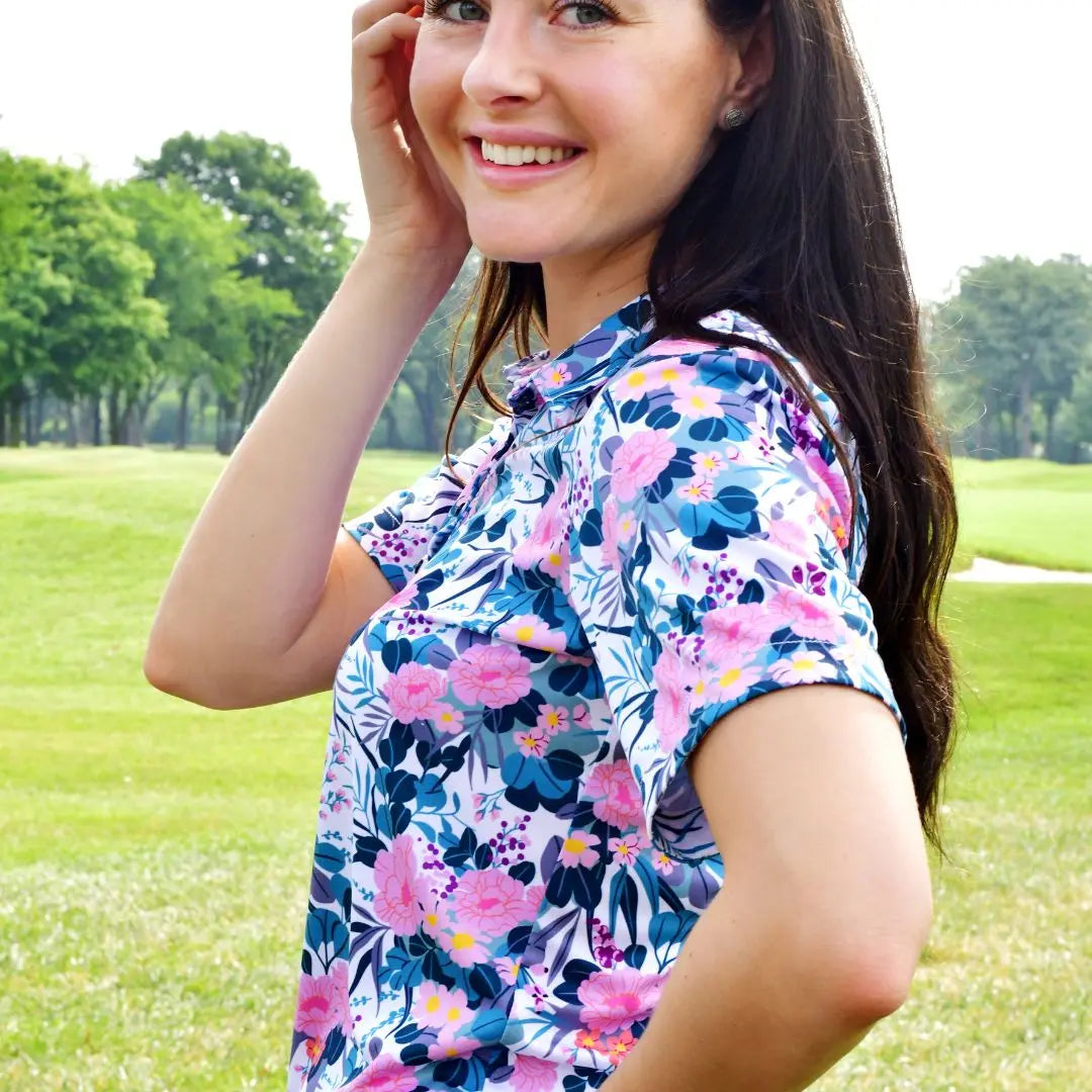 White Floral Women's Golf Polo Shirt UPF 50+