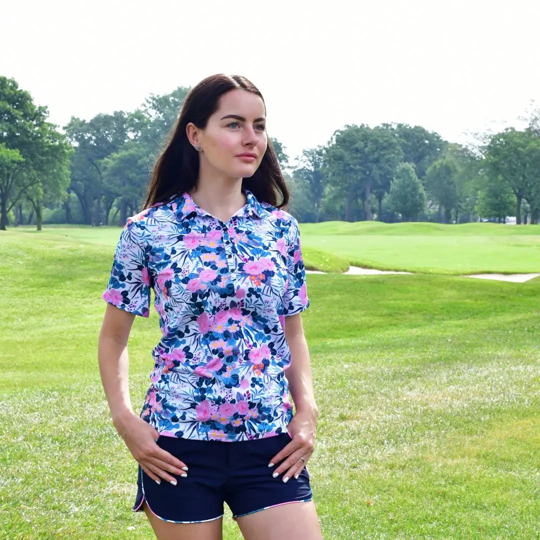 White Floral Women's Golf Polo Shirt Ellie Day Activewear